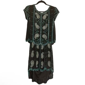 Frock & Frill Art Deco Beaded High-Low Dress Black Teal Silver Size 2